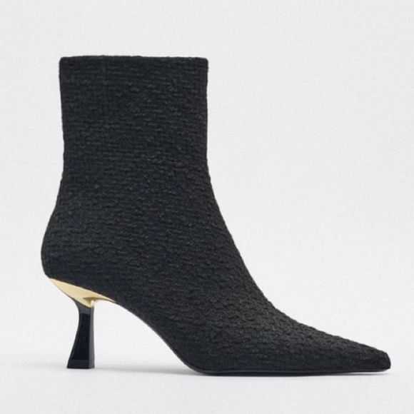 Zara Black Fabric Heeled Pointed Toe Ankle Boots - Picture 1 of 9